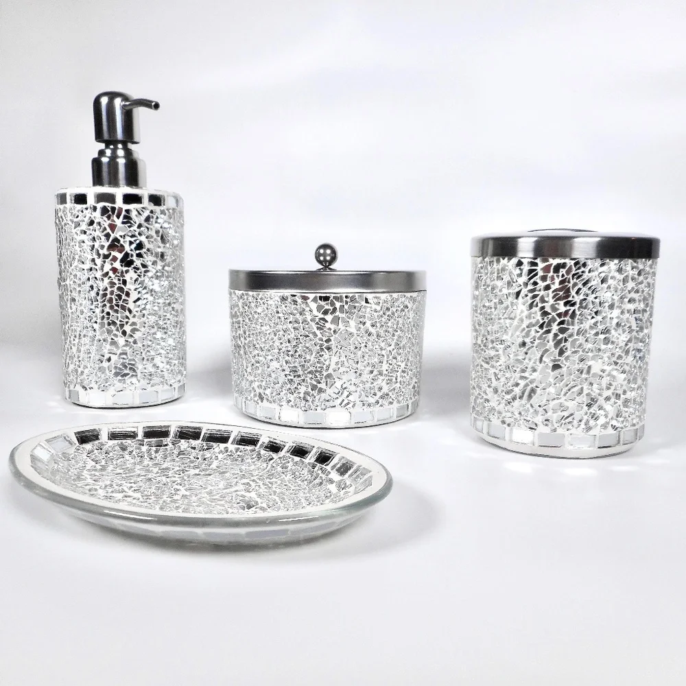 4 pc Mosiac Silver Mirror Glass Soap Dispenser Dish Jar Toothbrush Holder Bling